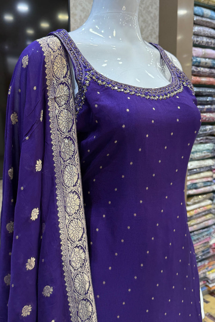 Purple Mirror, Stone, Zari and Banaras work Straight Cut Salwar Suit