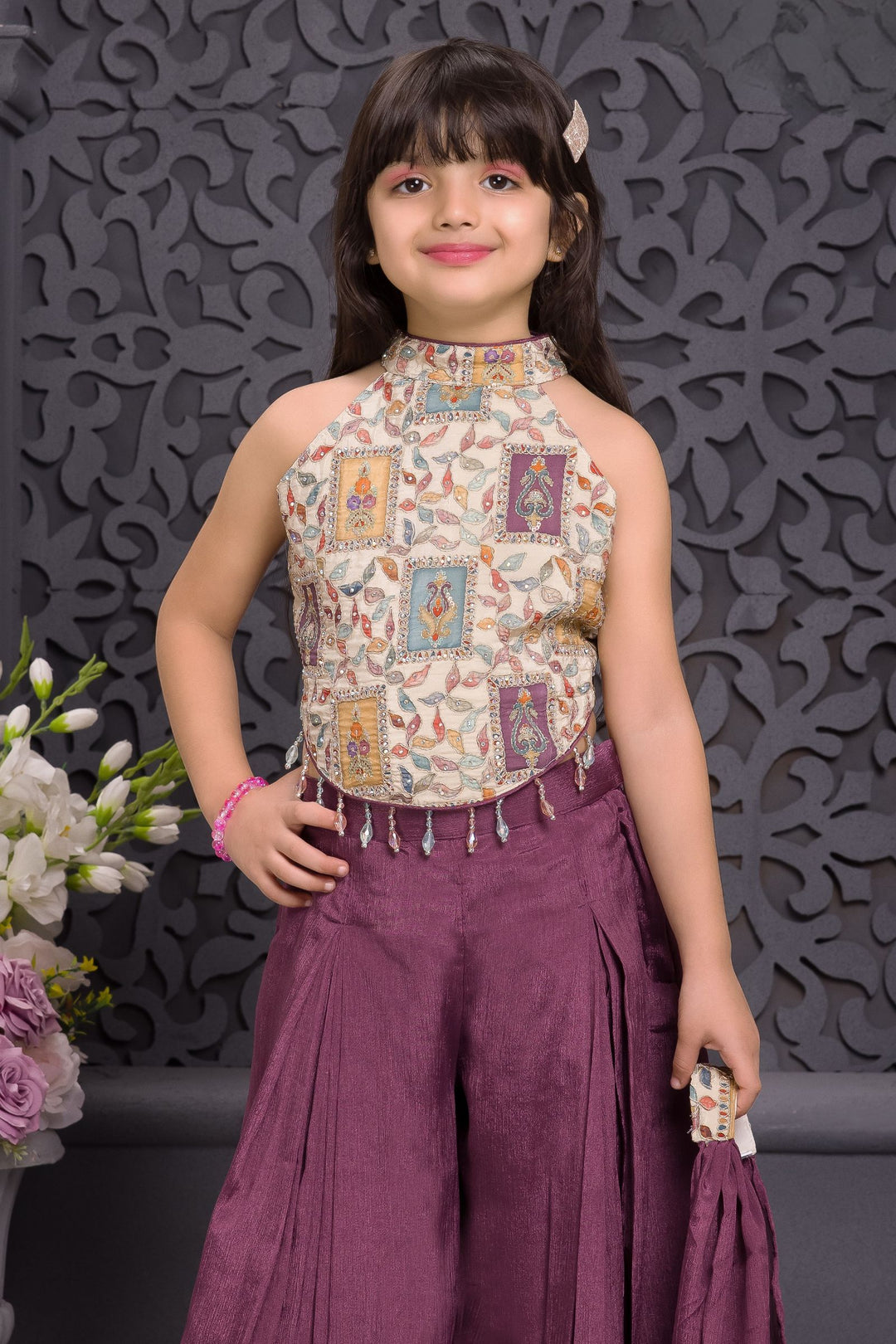 Cream with Purple Girls Palazzo Set with Printed Halter Top