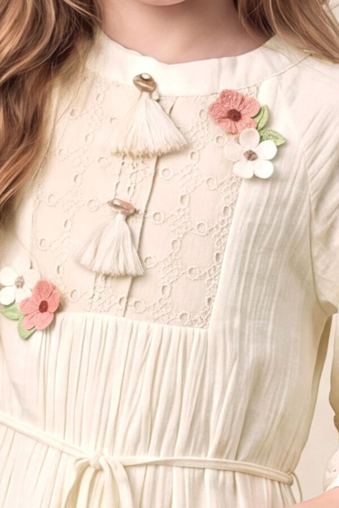 Cream Embroidered Lace Short Frock For Girls