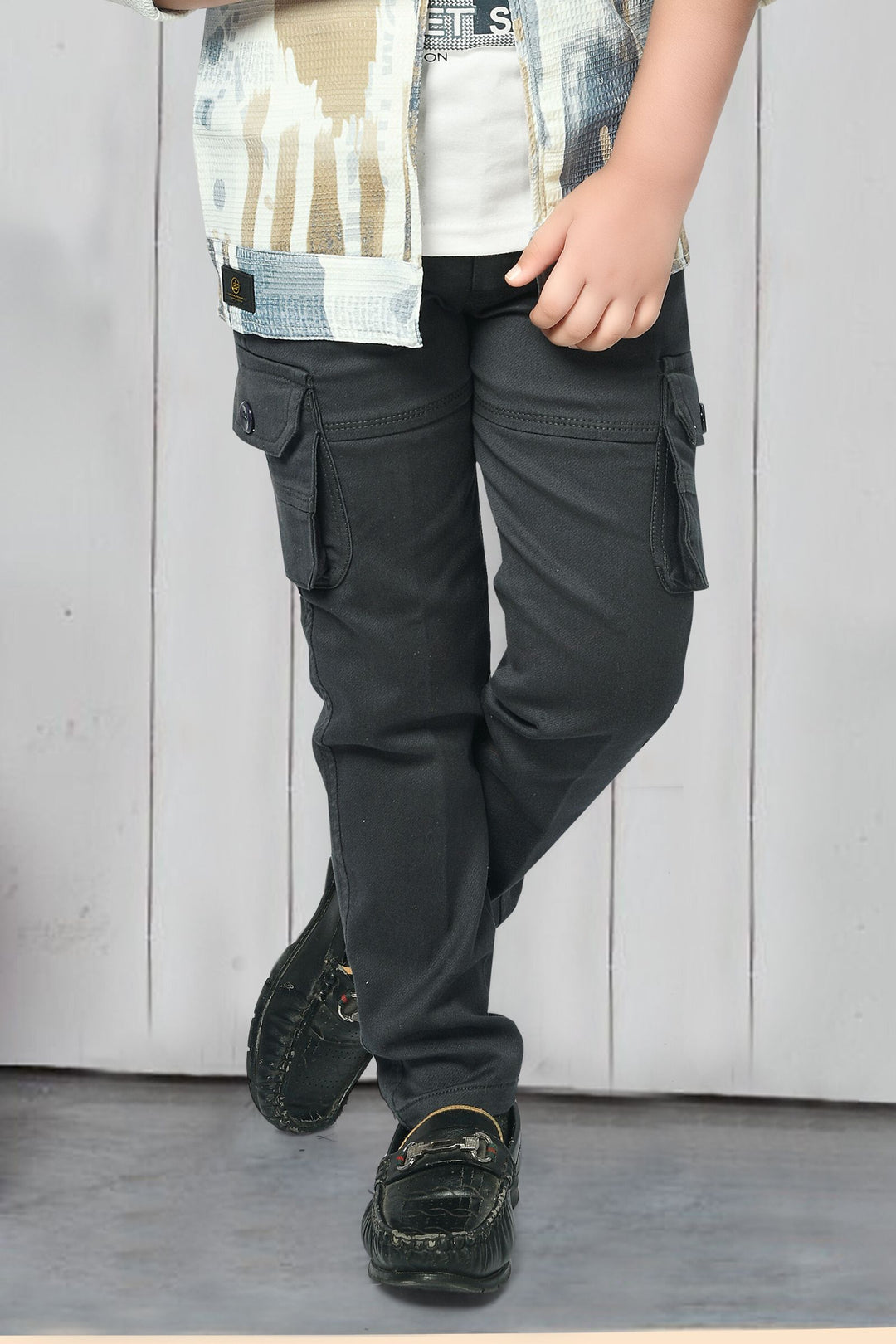 Cream and White Printed Blazer, T-Shirt and Dark Grey Cargo Pant Set for Boys