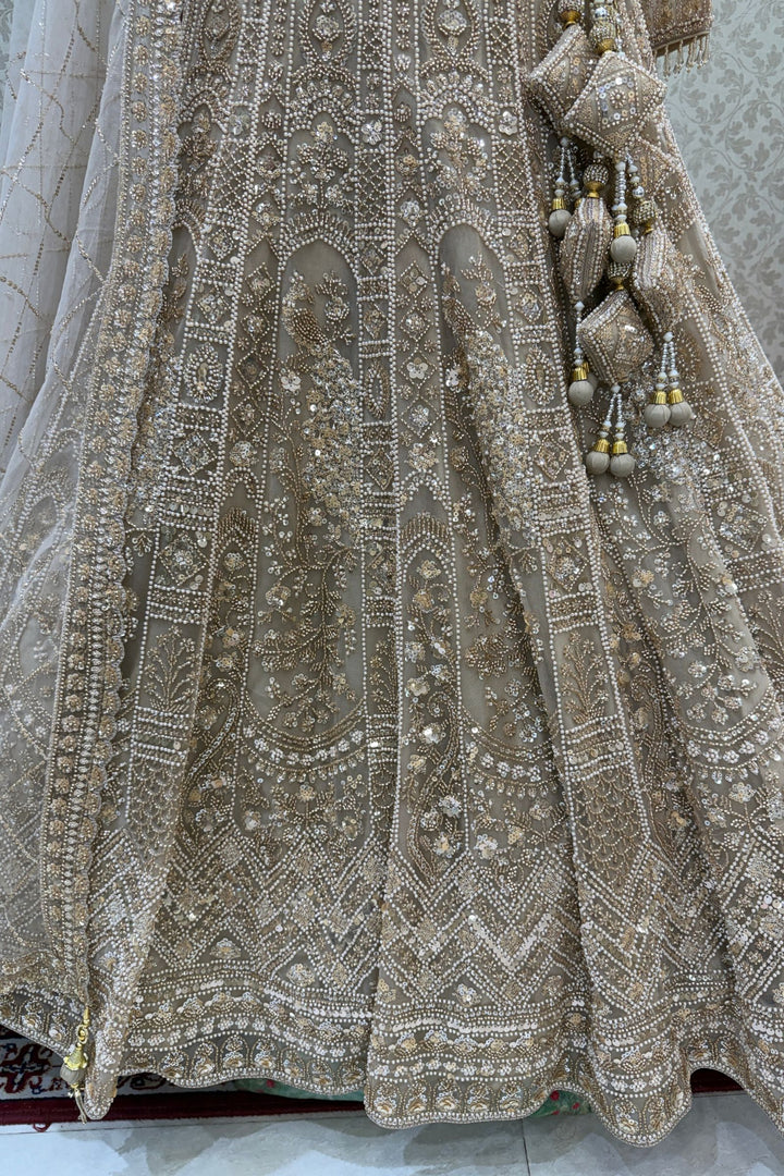 Beige Sequins, Pearl and Zari work Flared Lehenga Set with Peacock Motifs