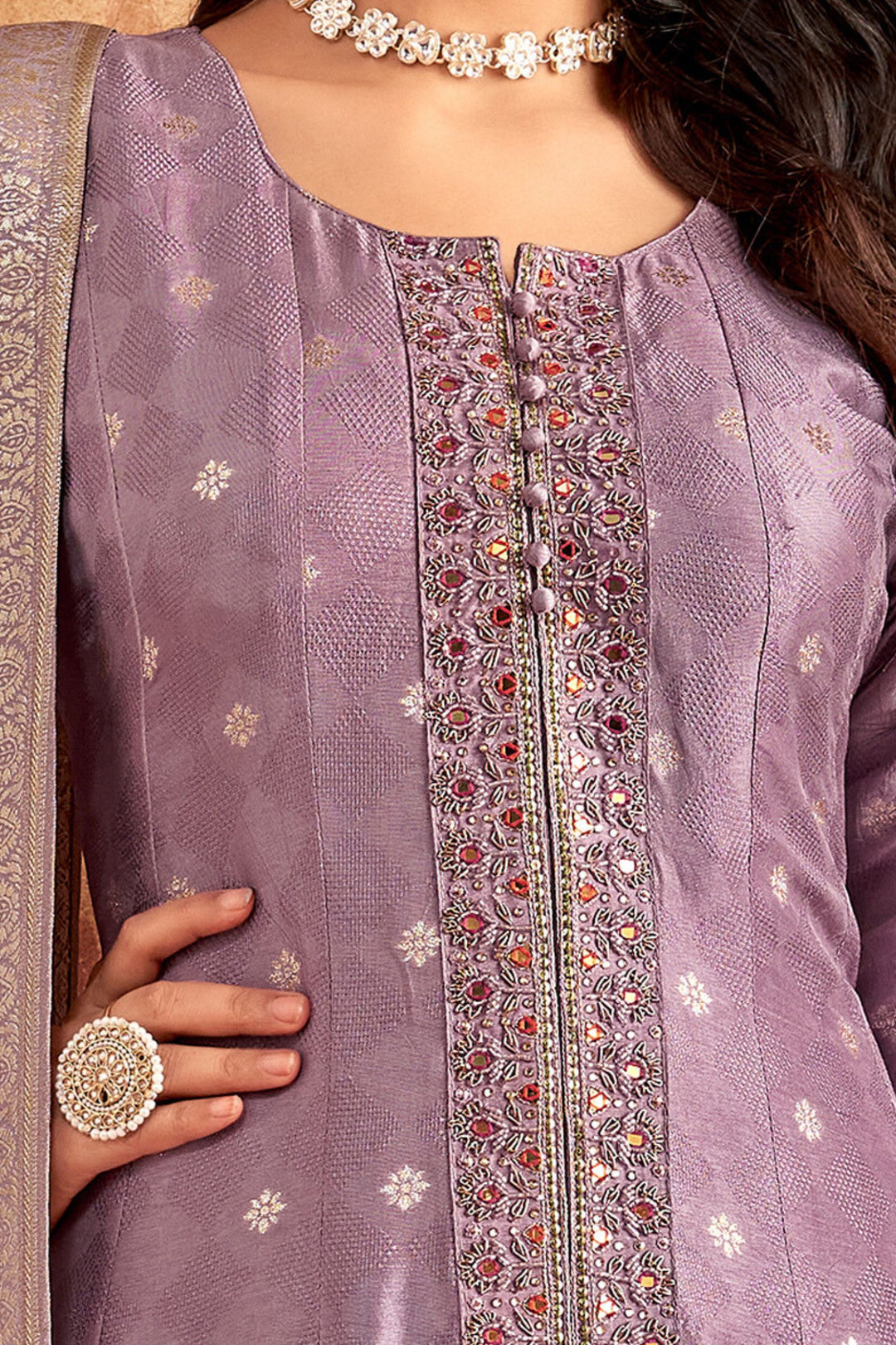 Lavender Banaras, Zardozi, Stone and Beads work Salwar Suit with Straight Pants