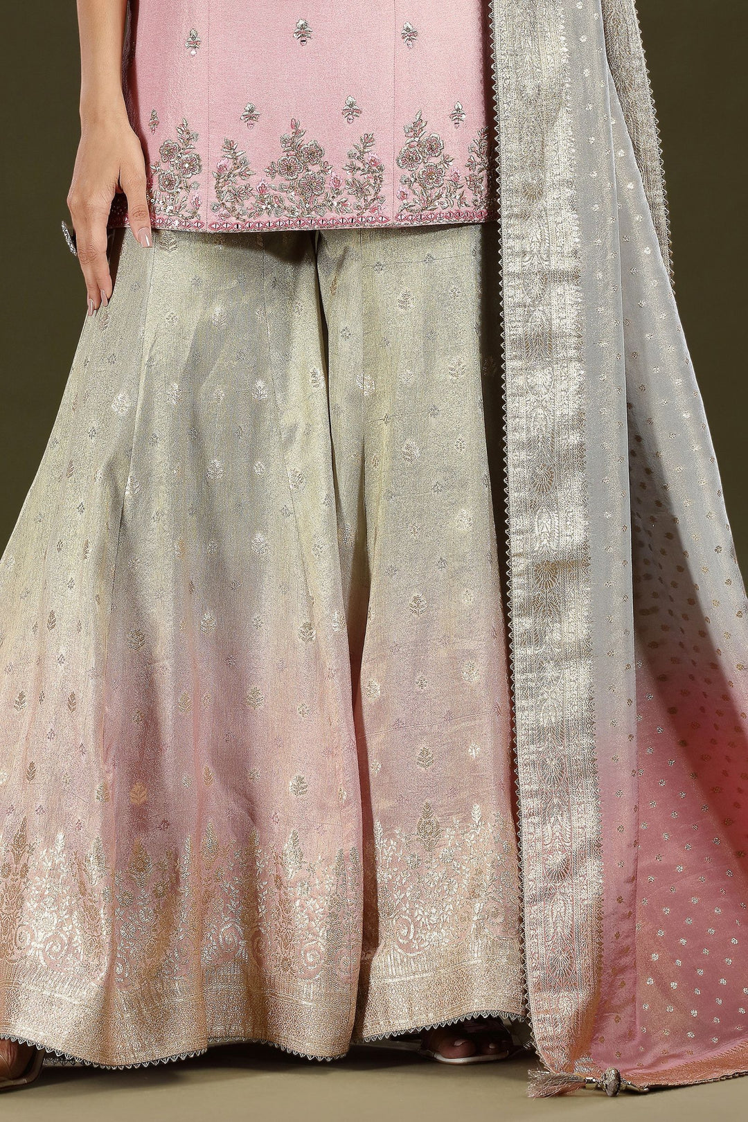 Baby Pink with Grey Mirror, Sequins, Beads, Zari, Stone and Banaras work Palazzo Salwar Suit