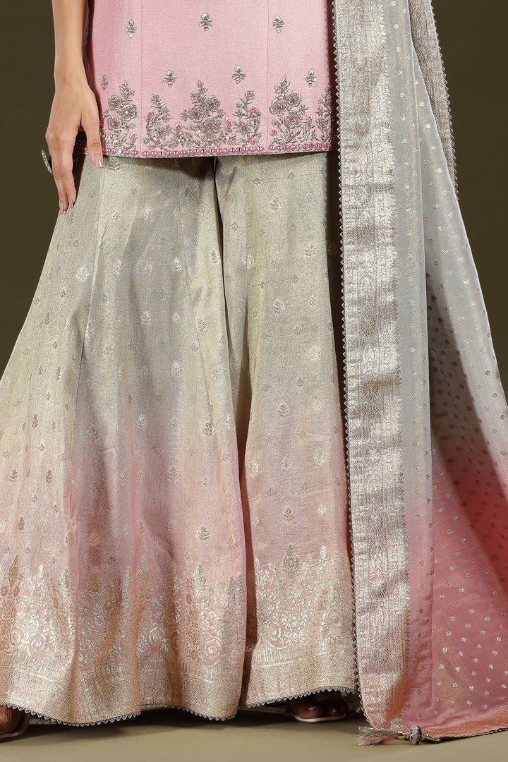 Baby Pink with Grey Mirror, Sequins, Beads, Zari, Stone and Banaras work Palazzo Salwar Suit