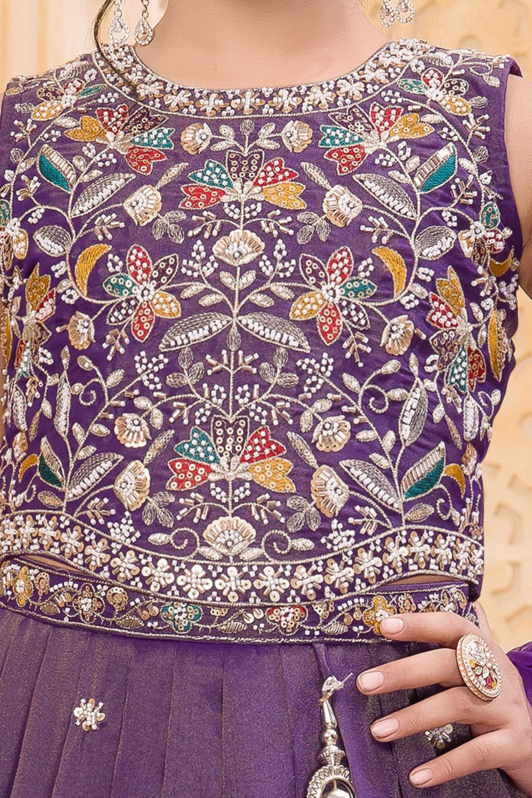 Purple Multicolor Thread, Beads, Zari and Sequins work Lehenga Choli for Girls