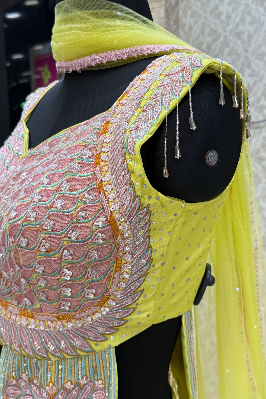 Lemon Yellow Multicolor Embroidery, Sequins and Beads work Crop Top Lehenga