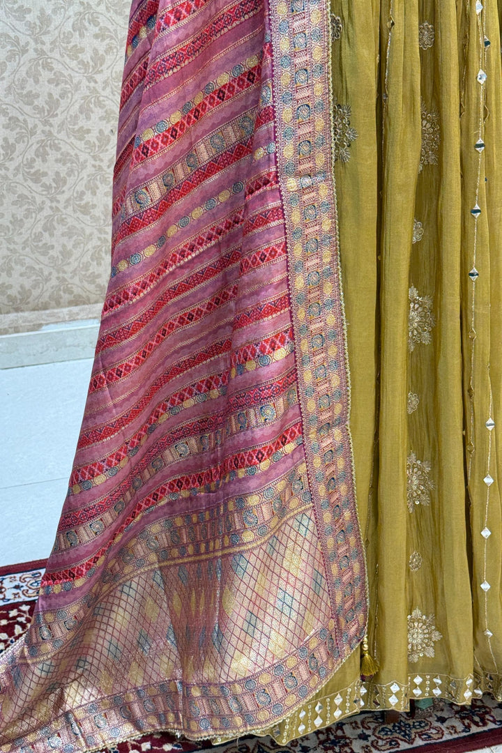 Olive Green Mirror, Beads, Zardozi and Sequins work Crop Top Lehenga