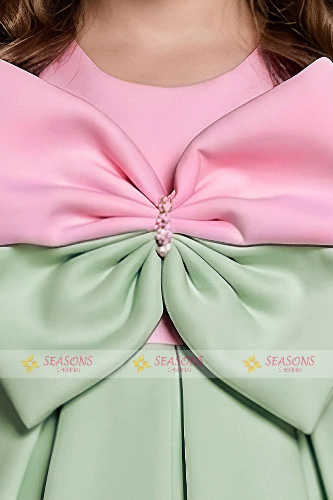 Pastel Green with Pink Bow Embellished Short Partywear Frock for Girls