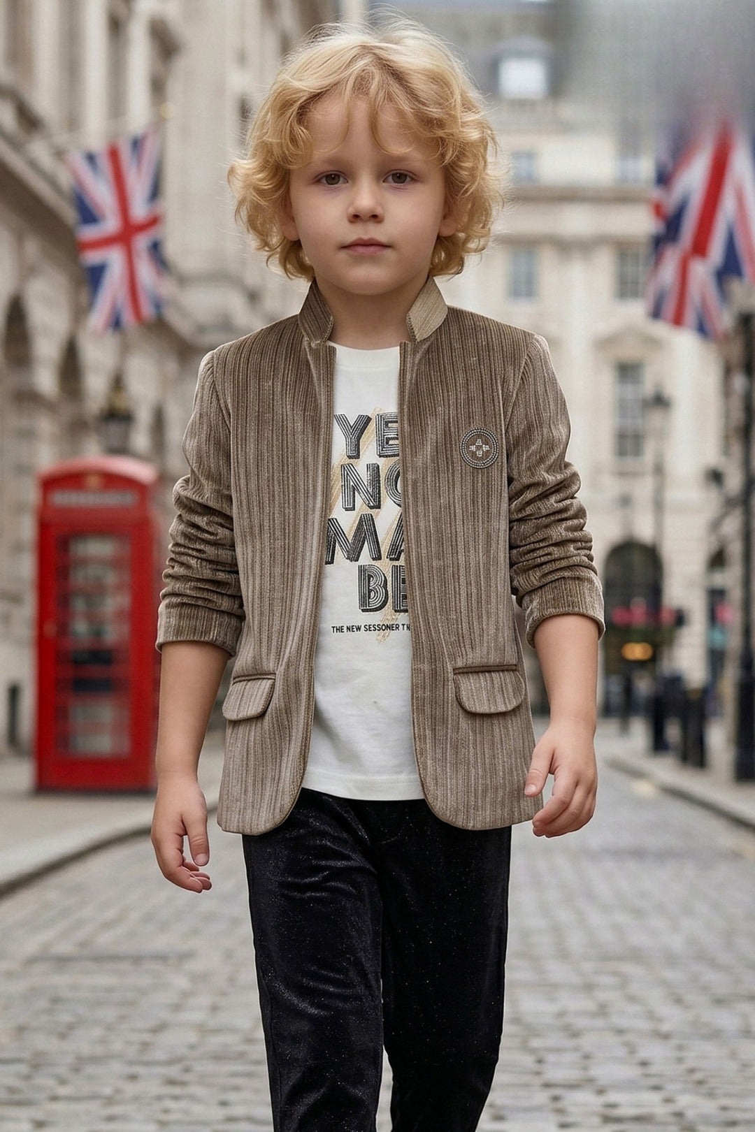 Boys Fawn Casual Blazer Set with White Printed T-Shirt and Black Pants