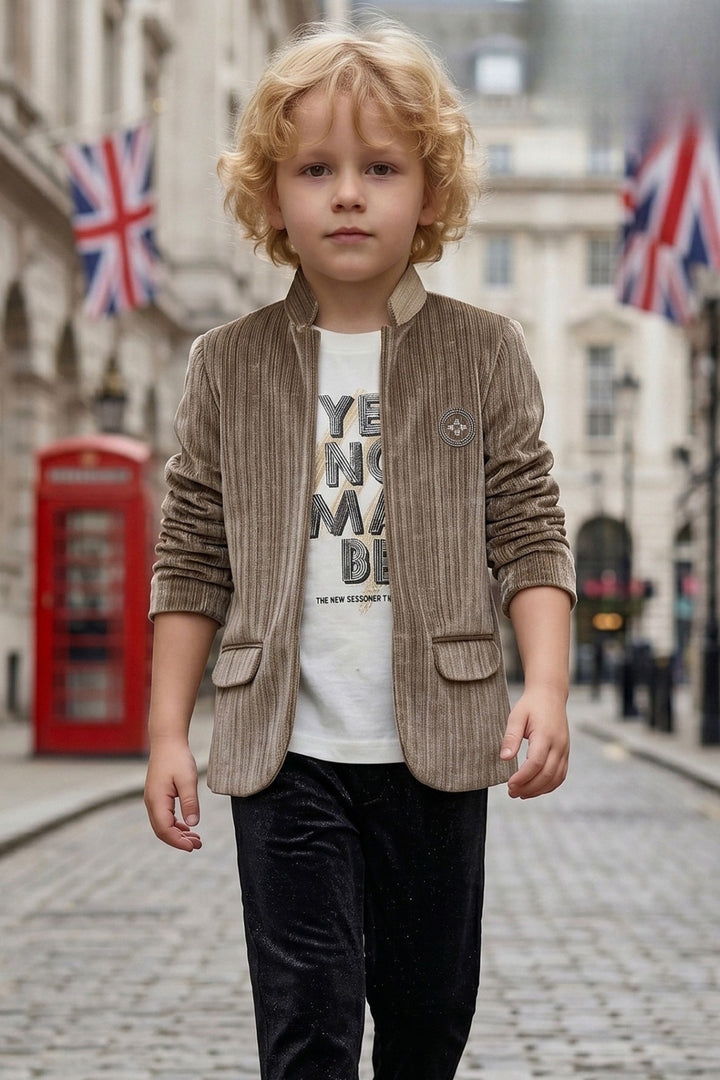 Boys Fawn Casual Blazer Set with White Printed T-Shirt and Black Pants