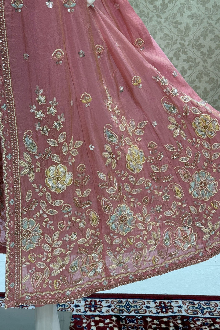 Rose Pink Beads, Sequins and Thread work Long Top with Straight Pant