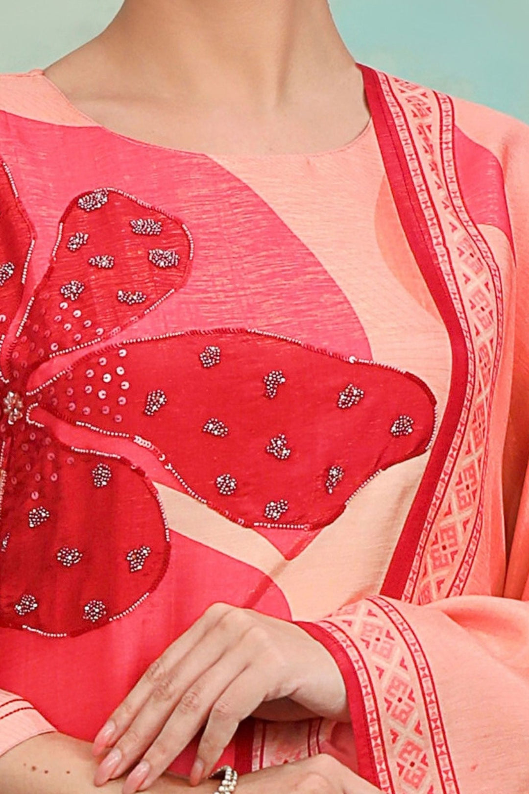 Pink with Digital Print, Beads and Sequins work Straight Cut Salwar Suit