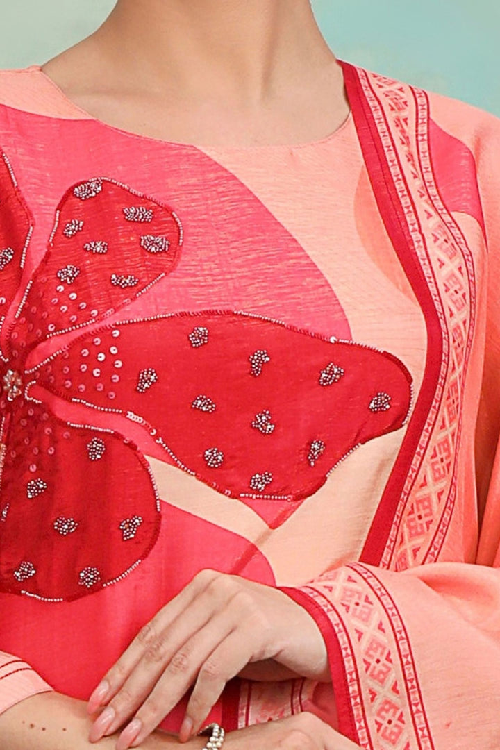 Pink with Digital Print, Beads and Sequins work Straight Cut Salwar Suit