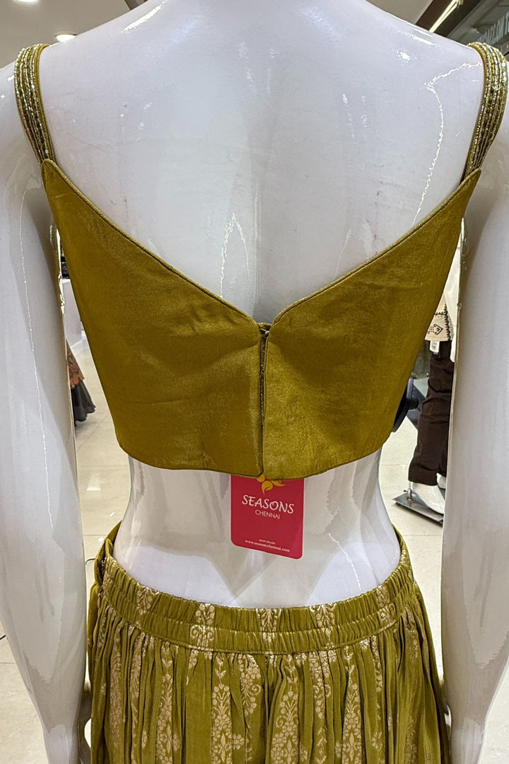 Olive Green Zardozi, Sequins, Banaras and Embroidery work Crop Top with Palazzo Pant