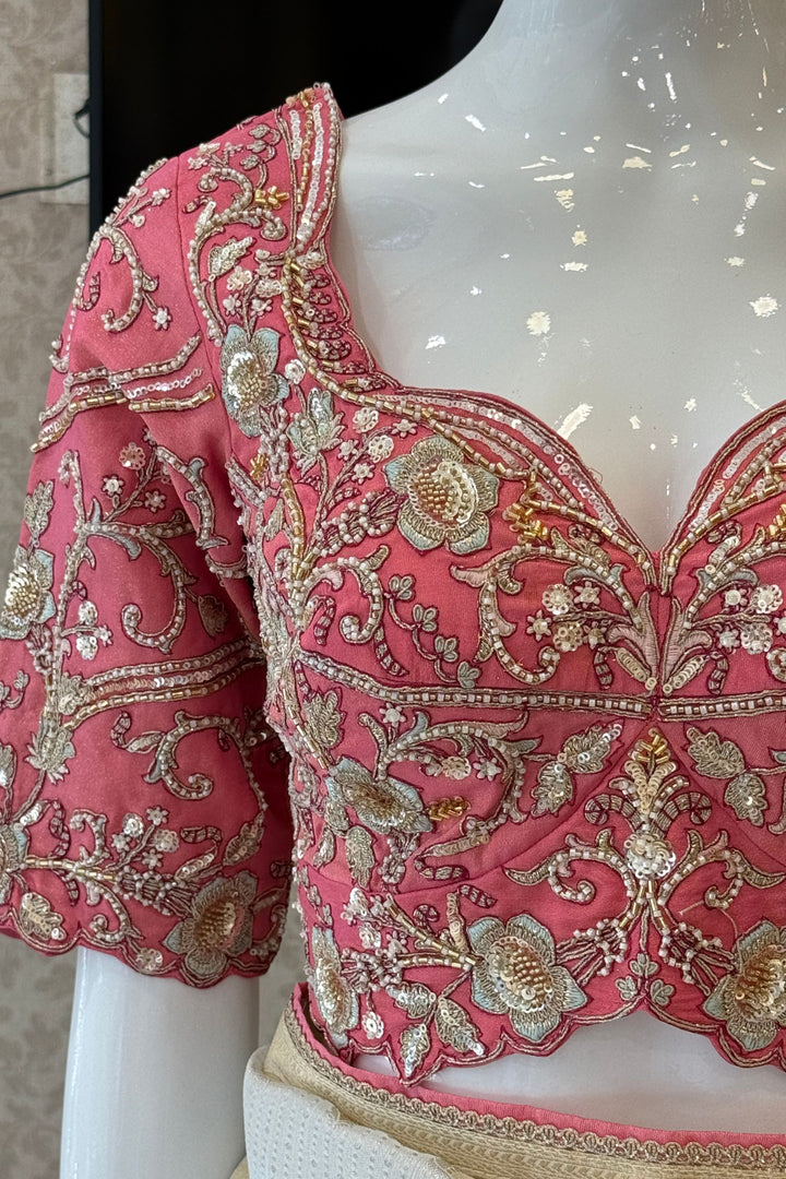 Silver Zari work Saree with Pearl, Zardozi, Beads and Sequins work Readymade Blouse