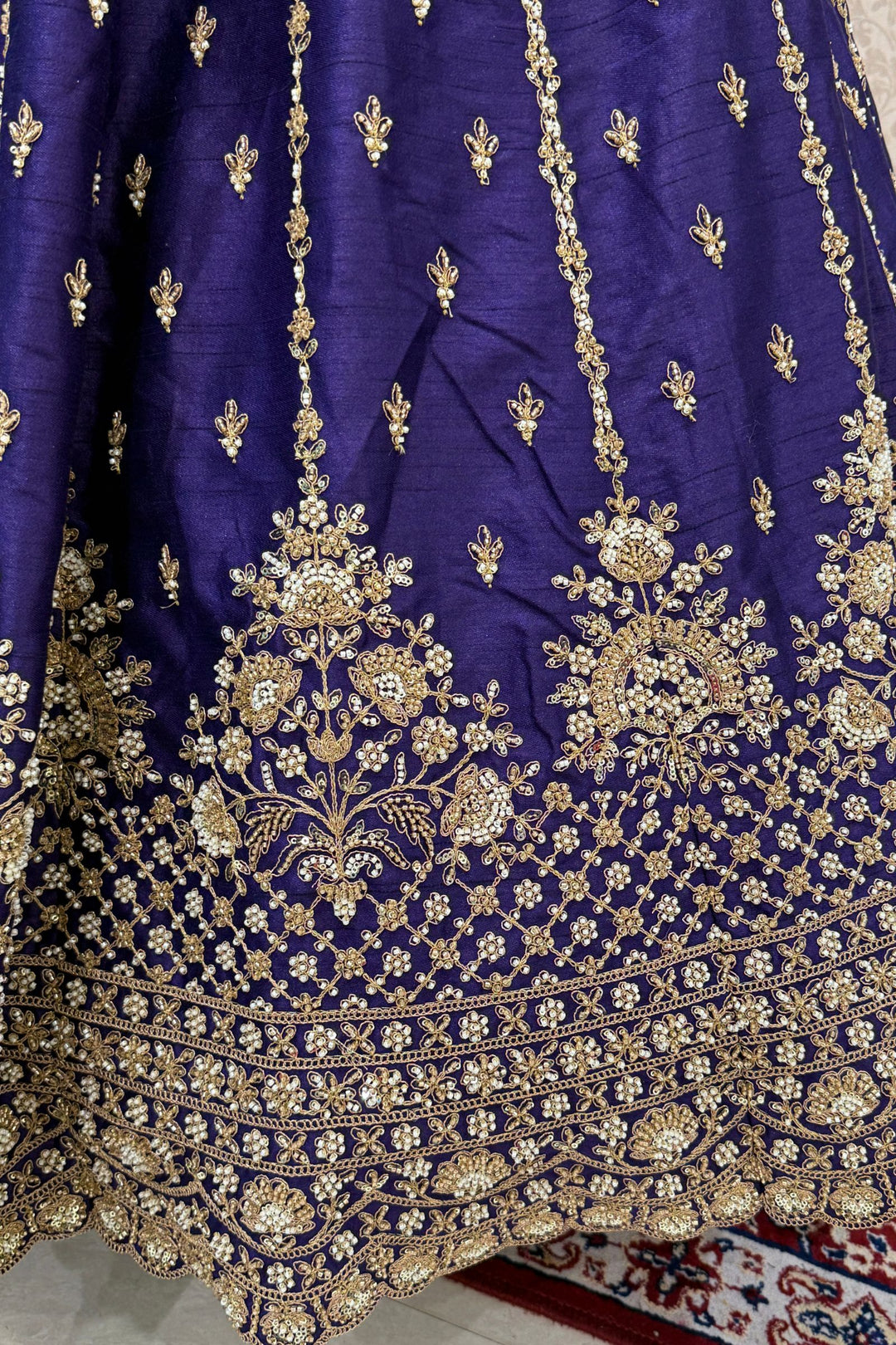 Purple Beads, Zari, Zardozi and Sequins work Crop Top Designer Bridal Lehenga with Belt