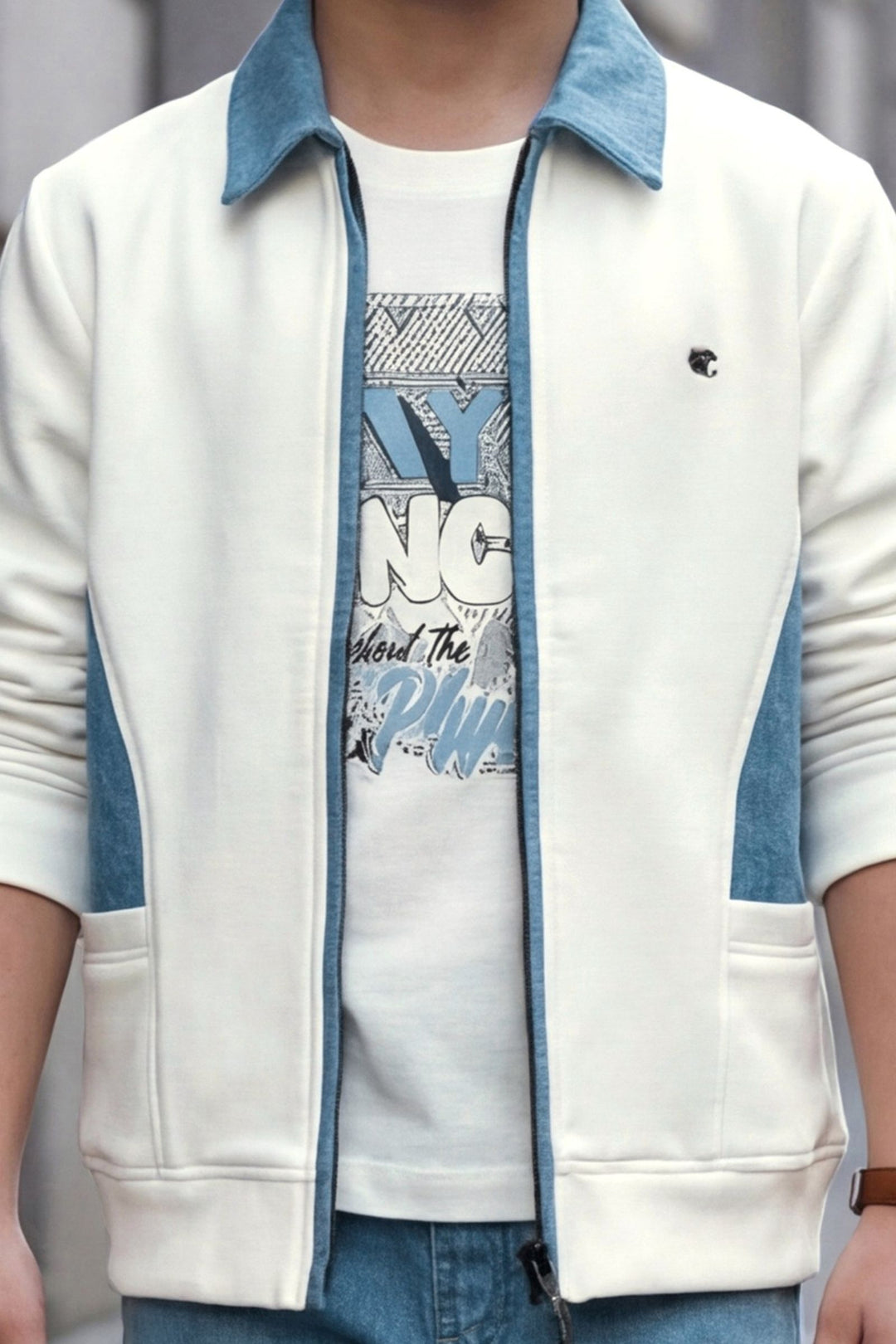 White with Blue Blazer, Printed T-Shirt and Pant Set for Boys
