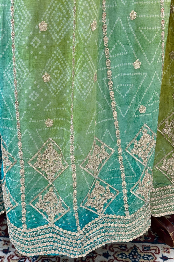 Yellow with Green Sequins, Zari and Beads work with Bandini Print Crop Top Lehenga