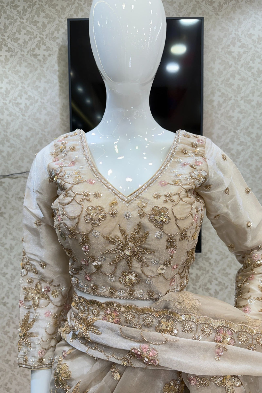 Light Beige Sequins, Beads, Zari and Pearls work Saree