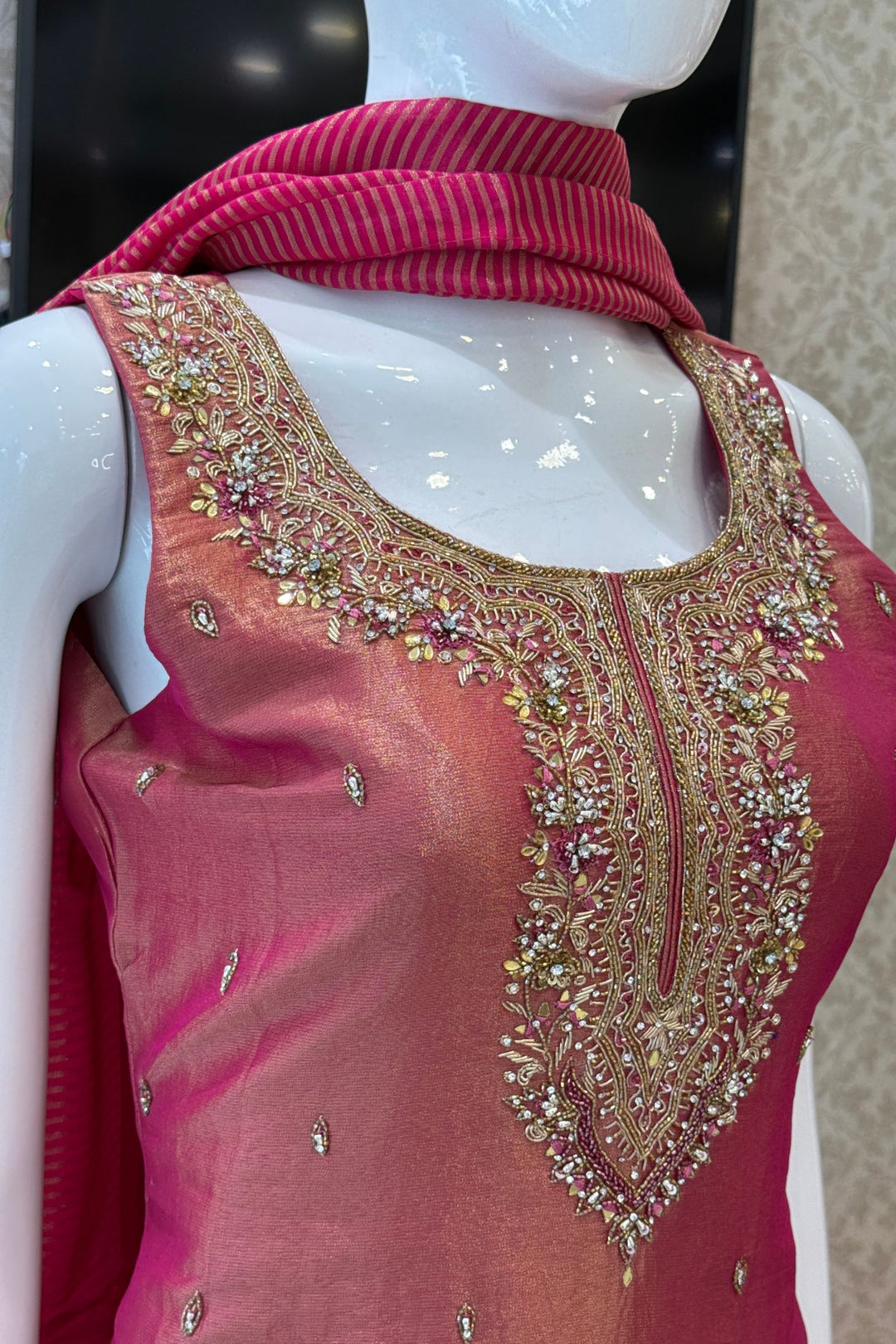 Rani Pink Palazzo Salwar Suit with Zardozi, Mirror and Beads Detailing