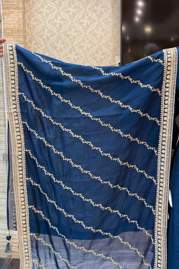 Peacock Blue Zardozi, Beads, Sequins, Thread and Zari work Aline Cut Salwar Suit