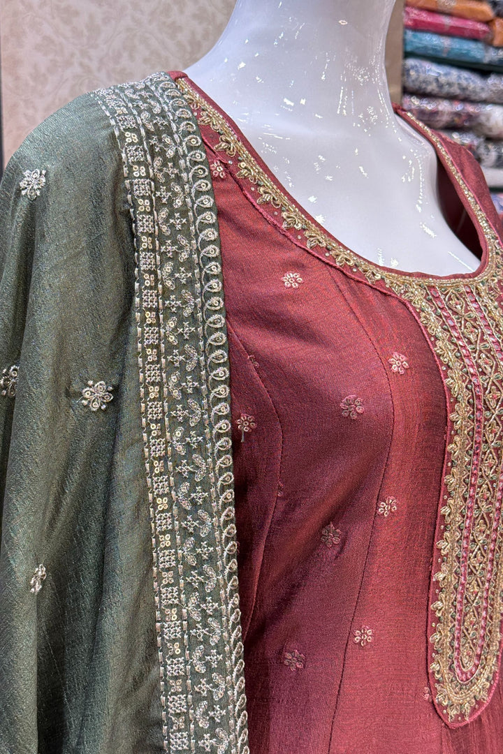 Woodrose Pink Beads, Zardozi, Thread, Sequins, Stone and Zari work A-line Cut Salwar Suit