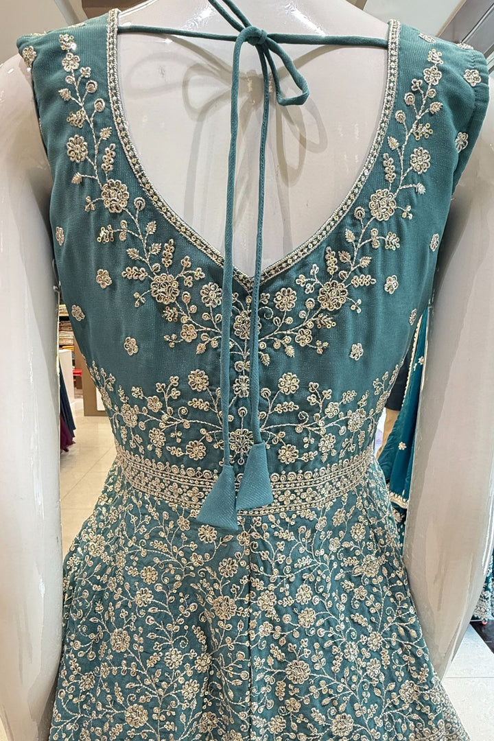 Sea Green Sequins and Zari work Peplum Top with Palazzo Suit Set