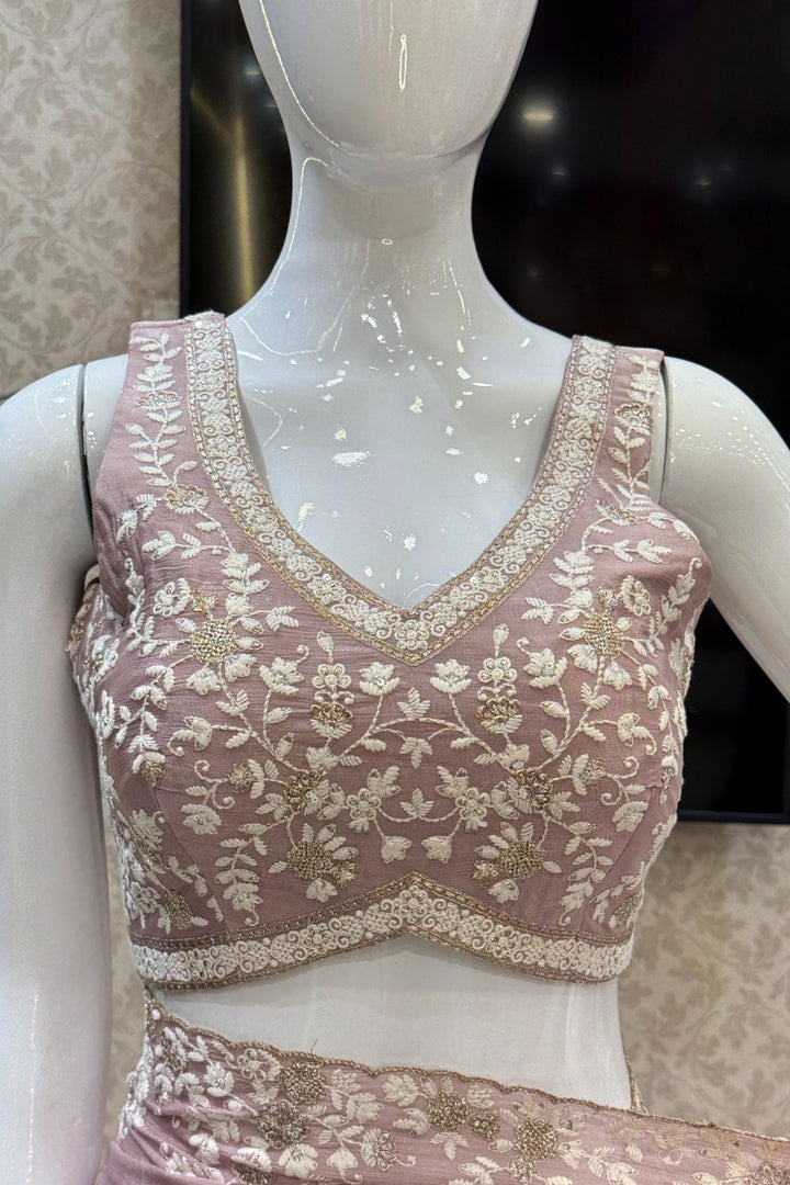 Onion Pink Embroidery, Zari and Sequins work Saree