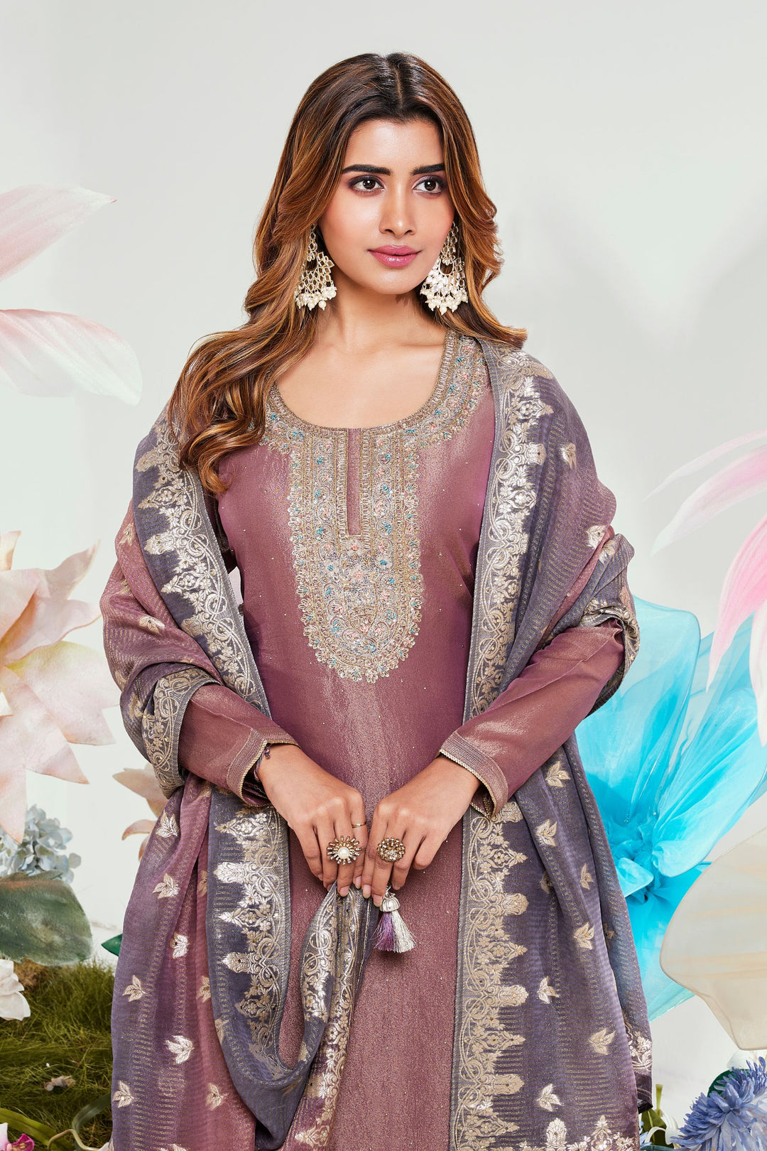 Onion Pink Zardozi, Zari, Thread and Beads work Straight Cut Salwar Suit