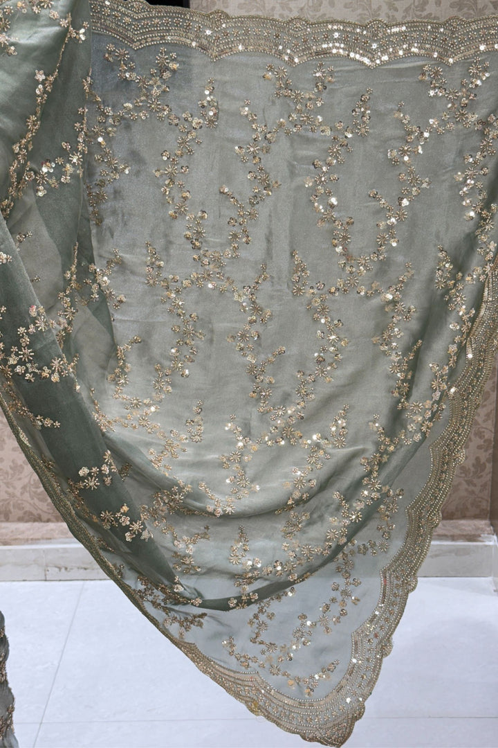 Sea Green Beads, Zari and Sequins work Saree