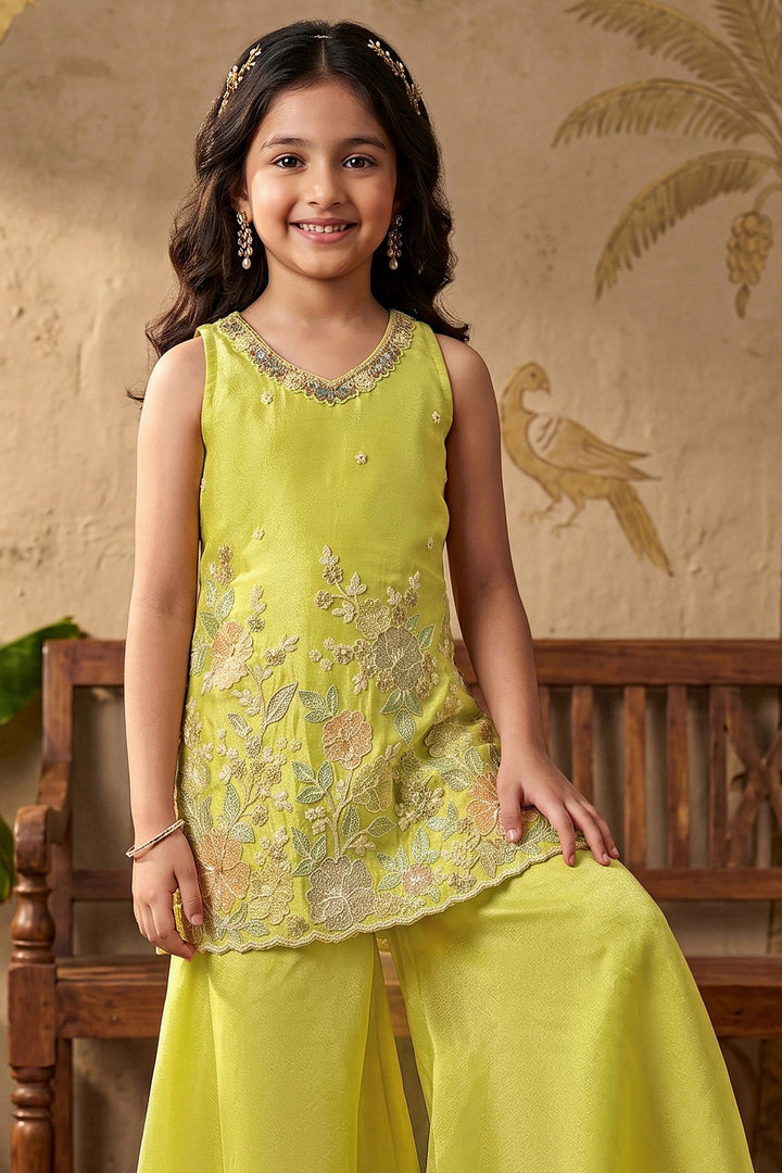 Parrot Green Mirror, Stone, Beads and Sequins work Palazzo Suit Set for Girls