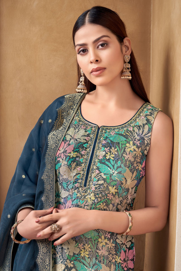 Dark Blue Brocade, Zardozi, Beads and Sequins work Straight Cut Salwar Suit