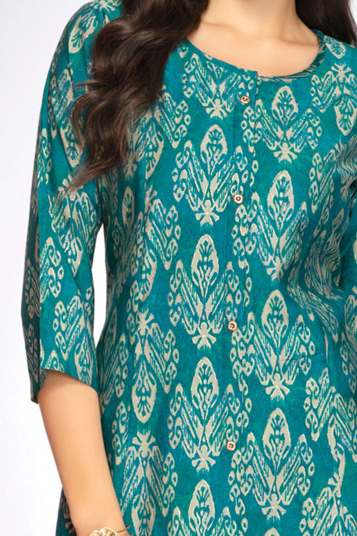 Rama Blue Digital Print A-line Cut Calf Length Kurti