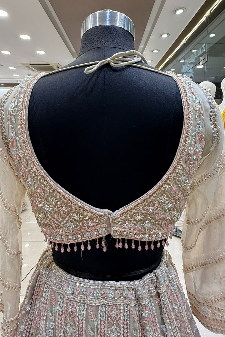 Beige Sequins, Beads and Zari Thread work Crop Top Designer Bridal Lehenga