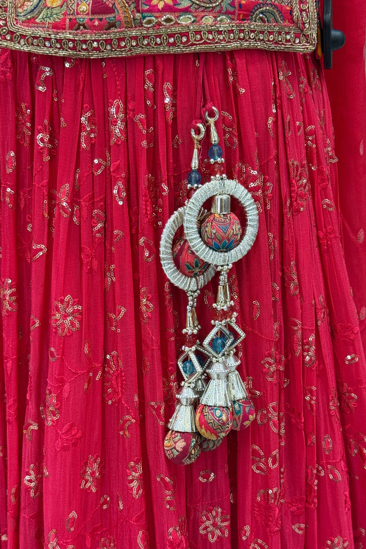 Rani Pink Zardozi, Beads, Mirror, Stone, Zari and Beads work Peplum Style Lehenga