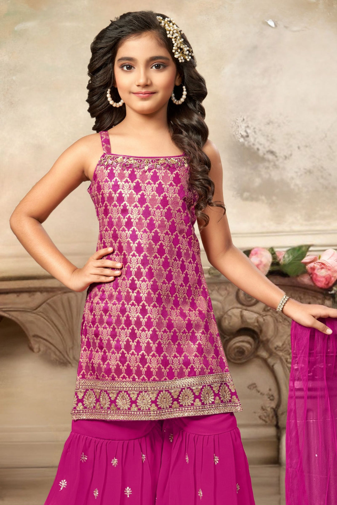 Pink Zari, Sequins, Mirror and Beads work Sharara Suit Set for Girls