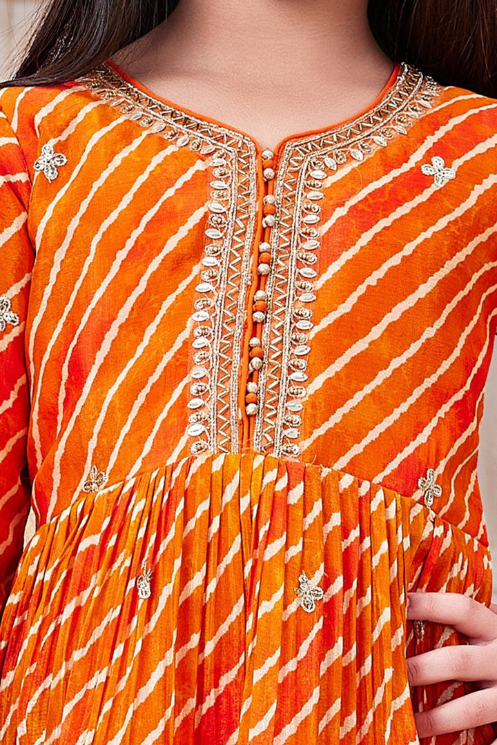 Orange Sequins, Zari and Beads work Peplum Top and Sharara Set for Girls