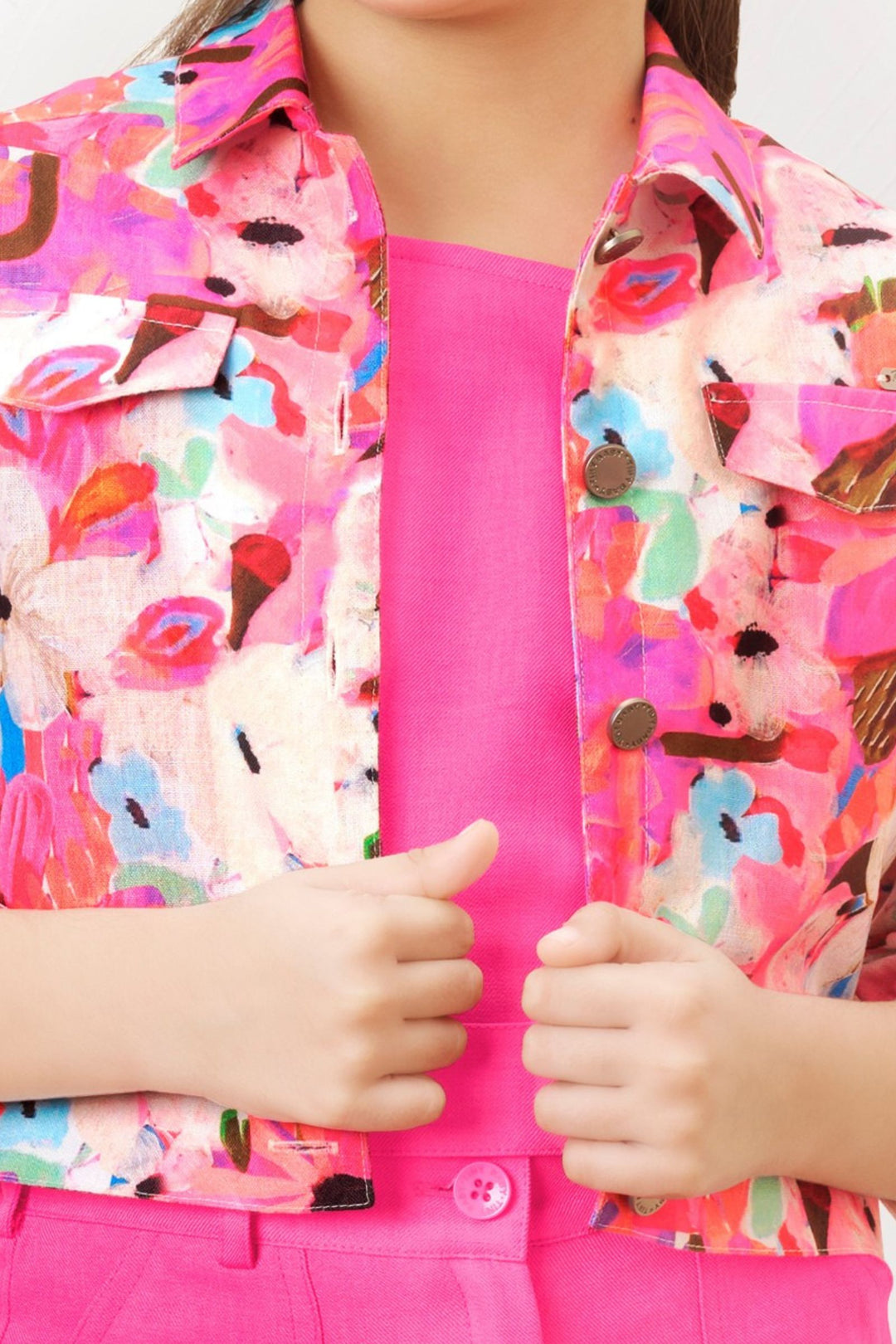 Neon Pink with Multicolor Digital Print Jacket Styled Co-ord Set for Girls