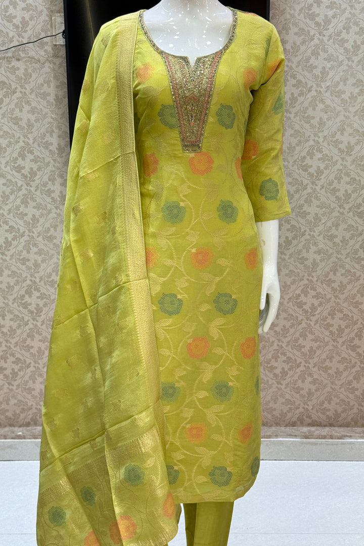 Lemon Green Jacquard, Sequins, Zari, Thread and Beads work Straight Cut Salwar Suit