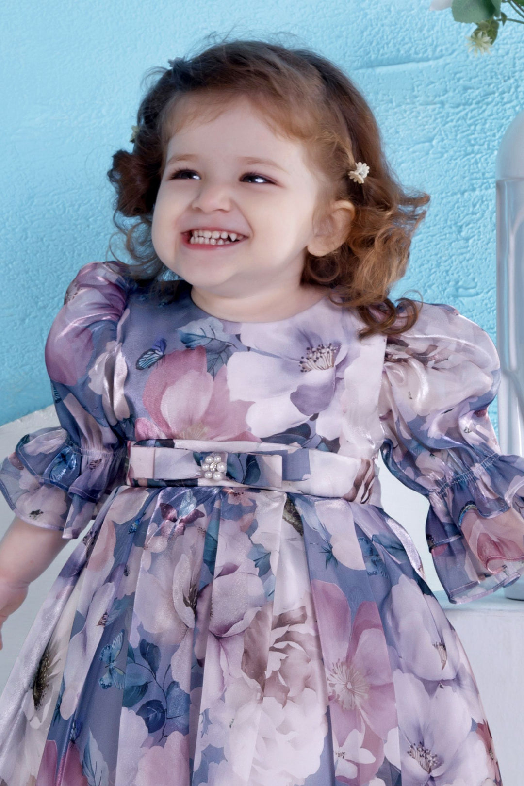 Light Blue with Floral Print Short Frock For Girls