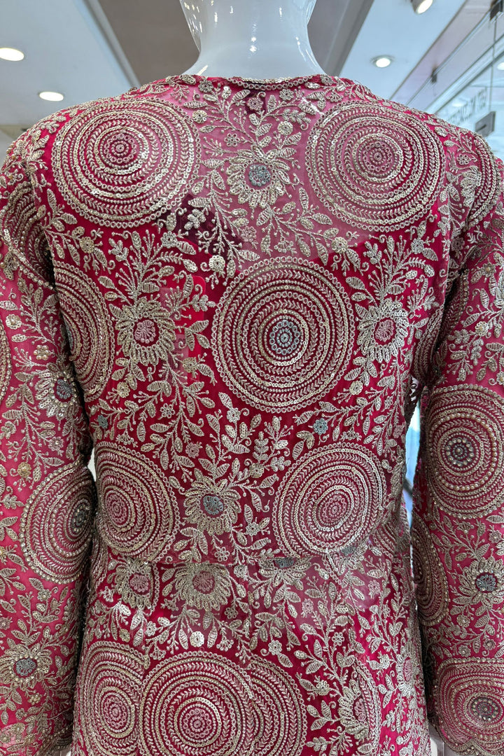 Rani Pink Drape Style Lehenga with Sequins, Stone and Zari work Long Overcoat