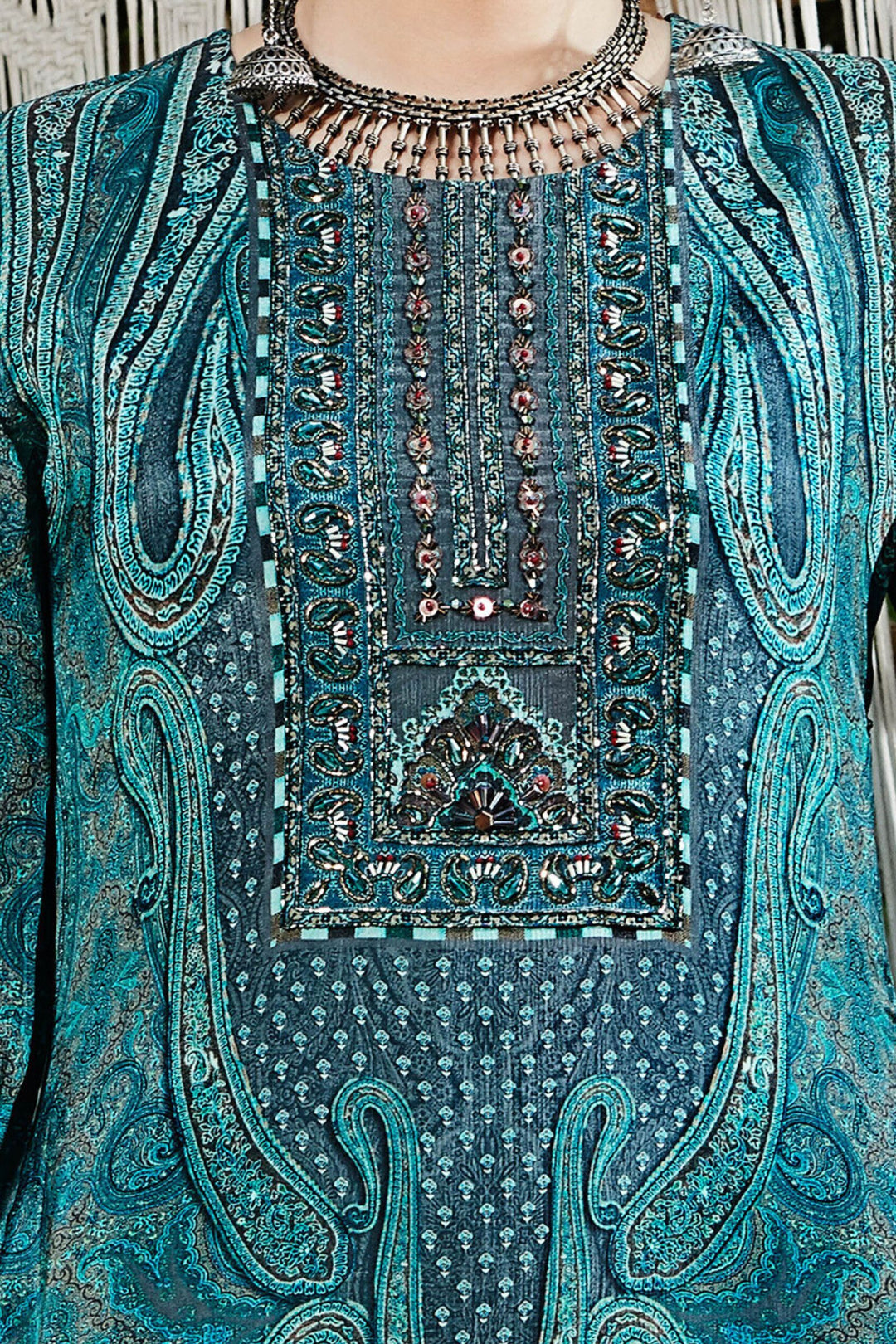 Peacock Blue Beads work with Digital Print Anarkali Styled Long Kurti