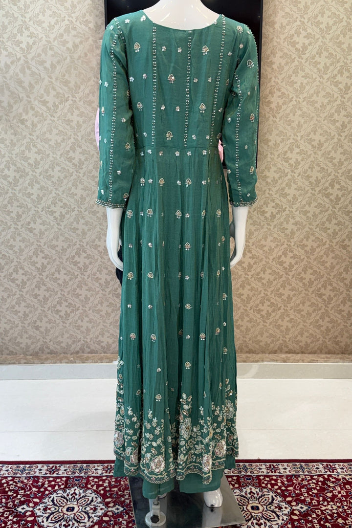 Sea Green Beads, Sequins and Thread work Long Top with Straight Pant
