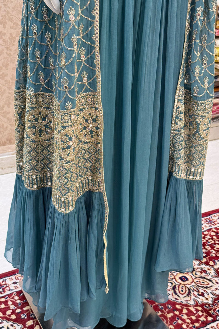 Green Mirror, Zardozi, Sequins and Beads work Overcoat Styled Palazzo Suit Set