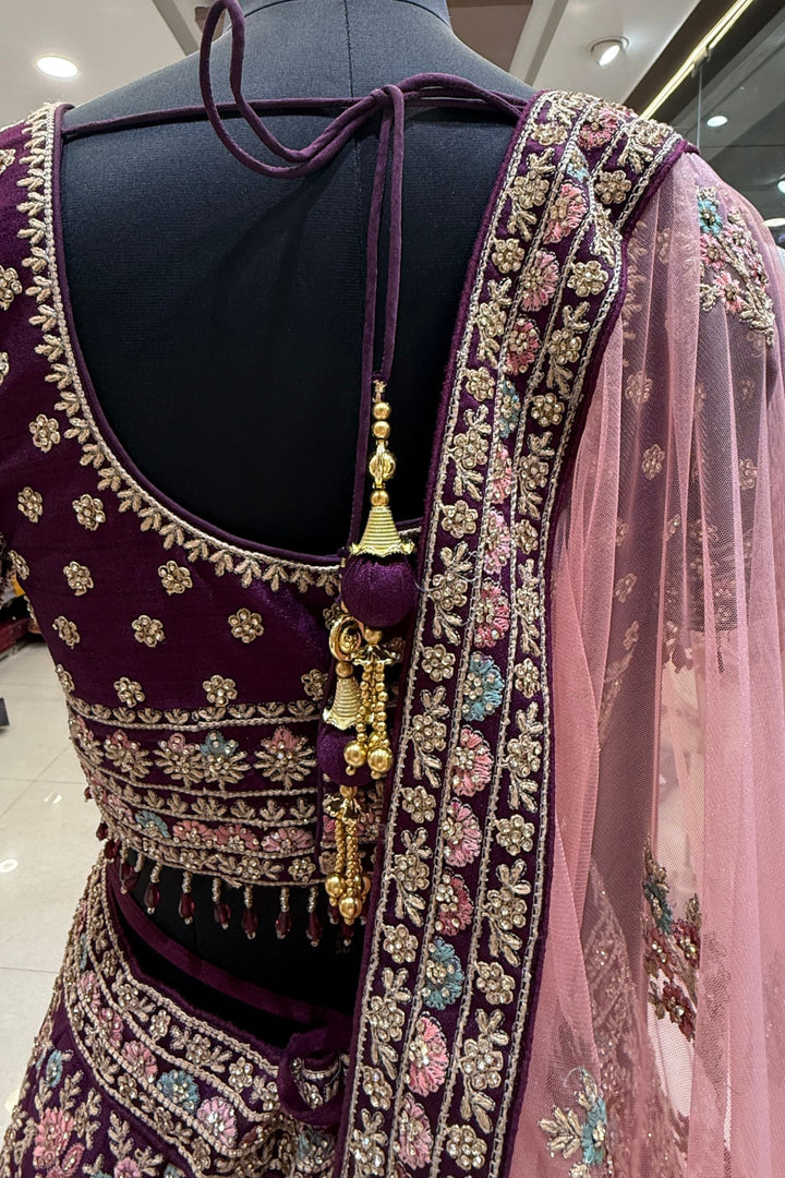Designer Bridal Wine Lehenga with Rich Multicolor Embroidery, Stone and Beads Work