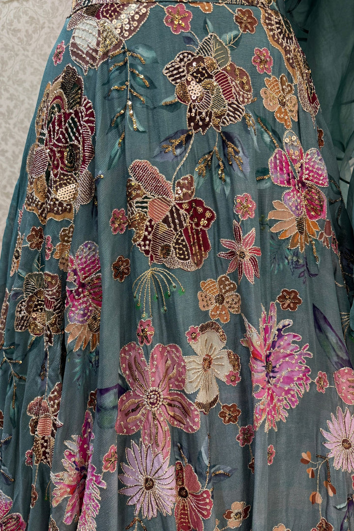 Pastel Green Beads, Zardozi, Sequins, Stone and Zari work with Floral Print Lehenga Set