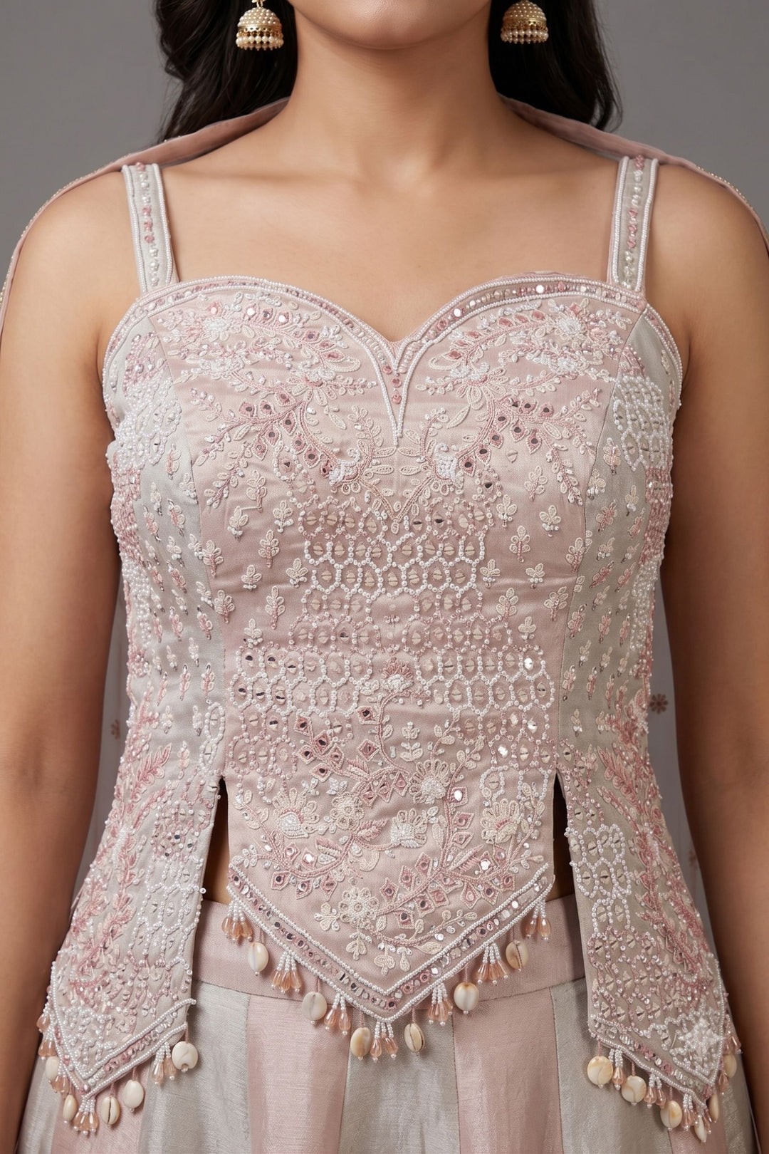 Grey with Peach Beads, Mirror, Stone, Sequins and Thread work Peplum Style Lehenga