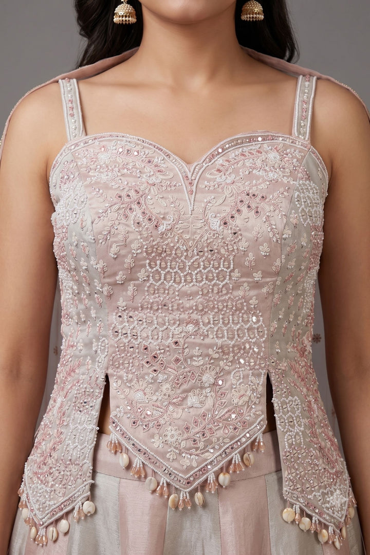 Grey with Peach Beads, Mirror, Stone, Sequins and Thread work Peplum Style Lehenga