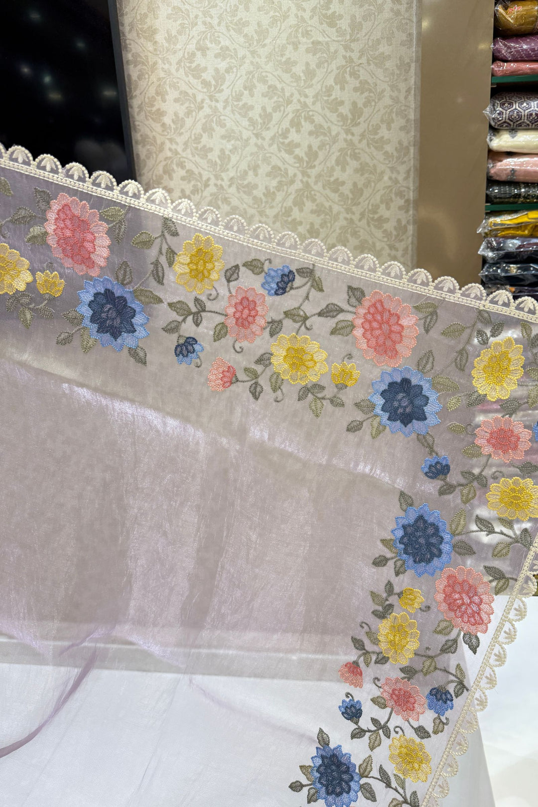 Lilac Multicolor Embroidery work Saree