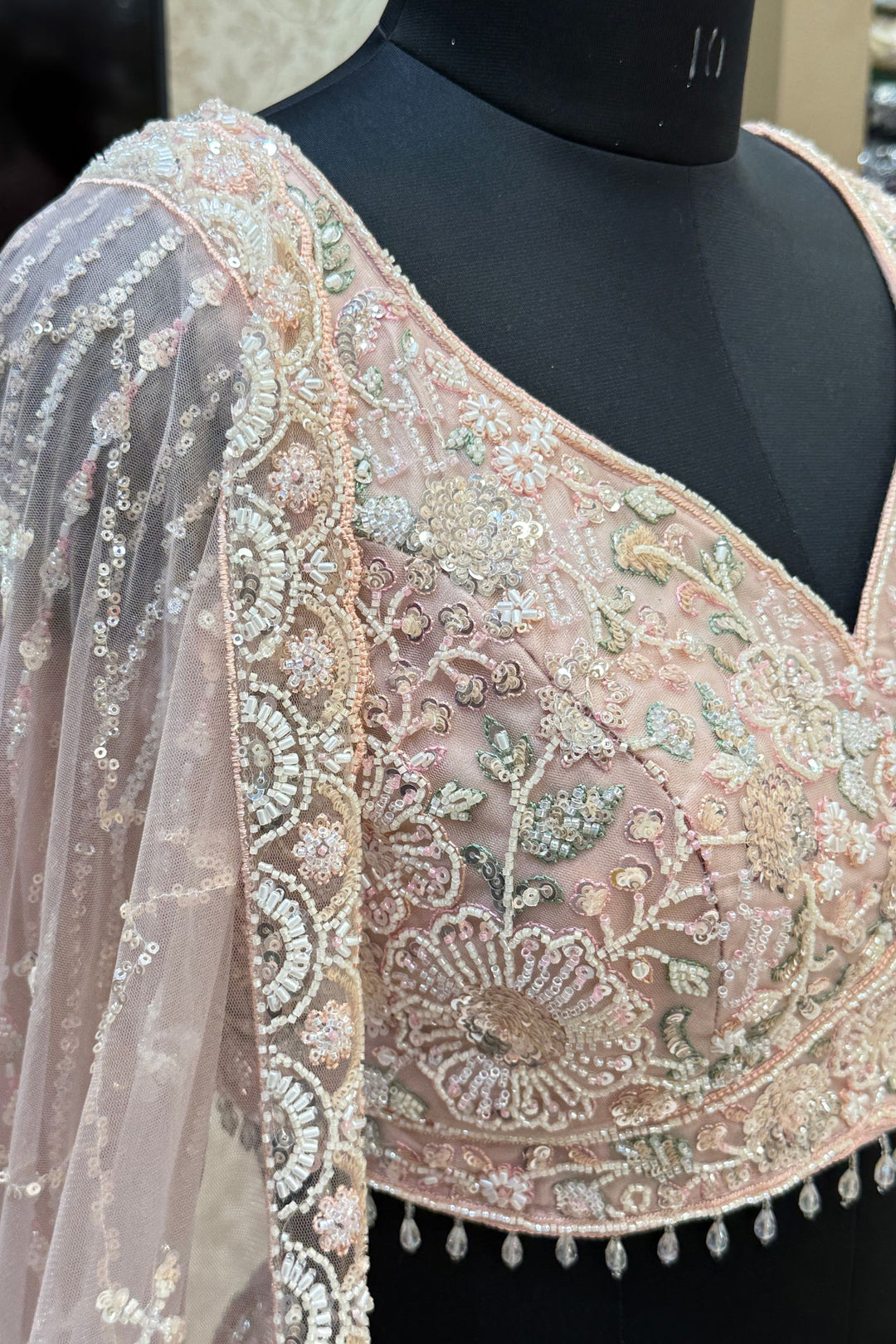 Baby Pink Sequins, Beads and Zari Thread work Crop Top Designer Bridal Lehenga